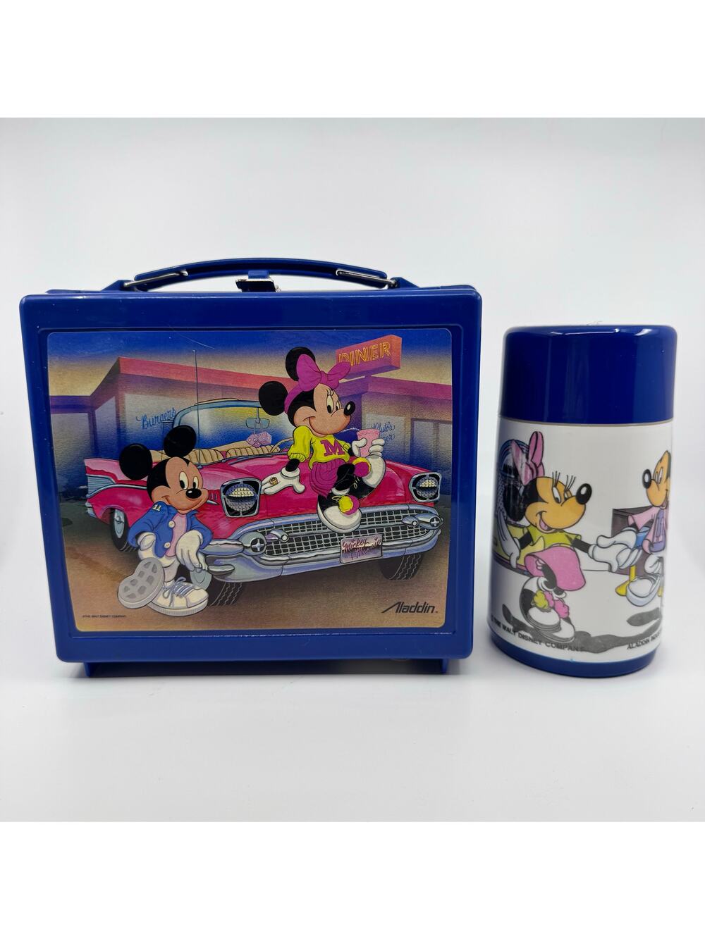 Disney Mickey Minnie Lunch Box Thermos Set Plastic VTG Retro Character Lunchbox